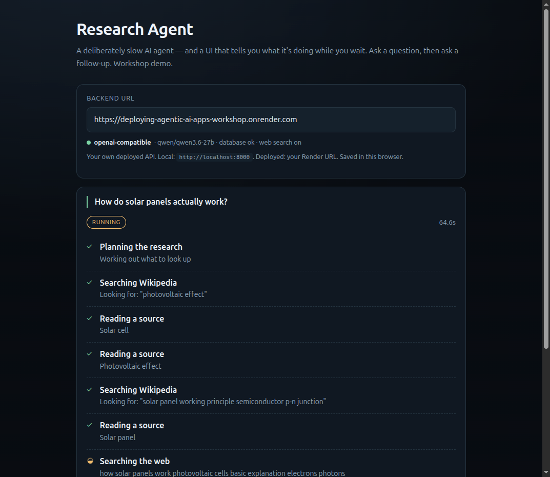 The demo UI mid-run — steps like Planning, Searching Wikipedia, and Reading a source appearing live