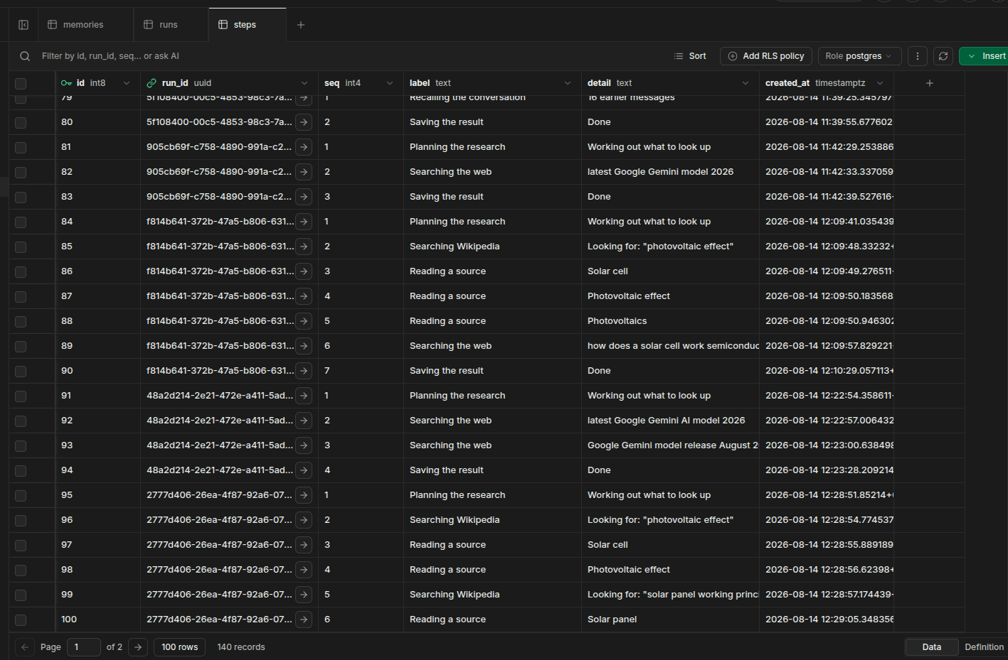 The Supabase steps table — the same Planning, Searching, and Reading rows the UI renders